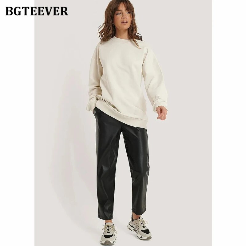 BGTEEVER Ležérne voľné dámske svetre s výstrihom do O-neck, jarné a jesenné, s dlhým rukávom, základné bavlnené mikiny pre ženy