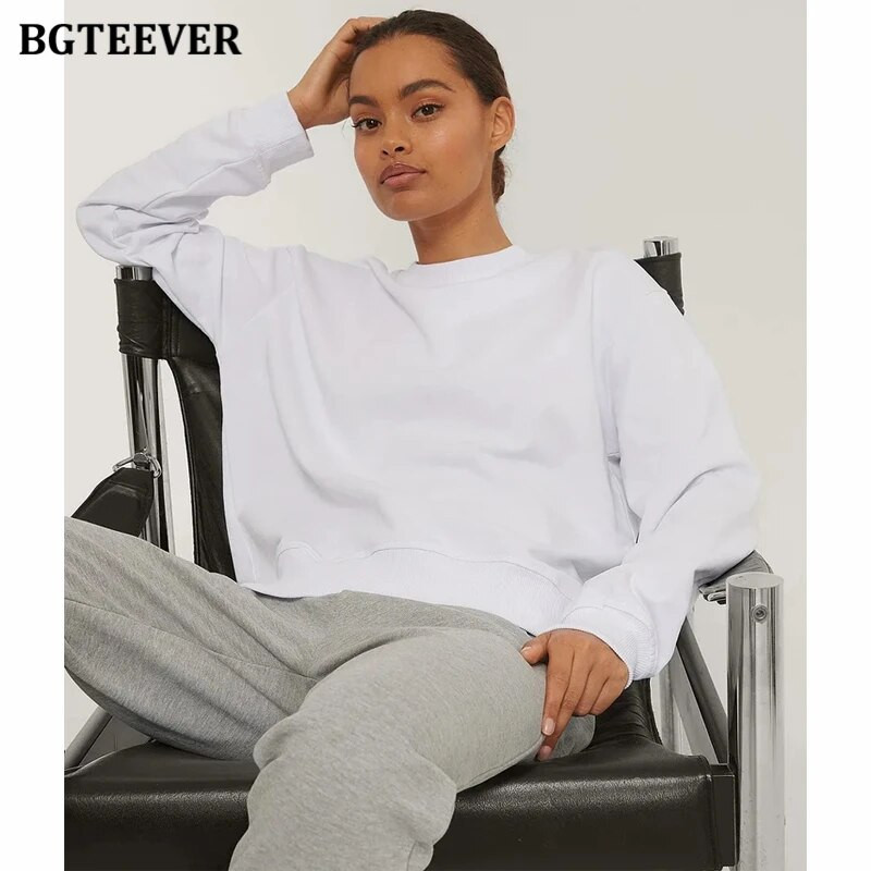 BGTEEVER Ležérne voľné dámske svetre s výstrihom do O-neck, jarné a jesenné, s dlhým rukávom, základné bavlnené mikiny pre ženy