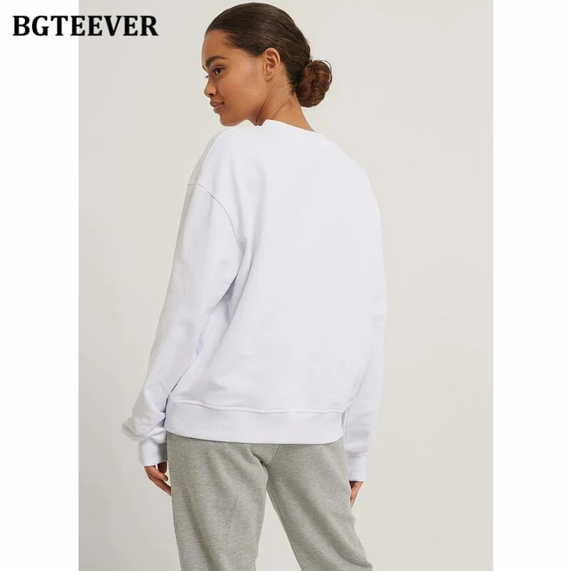 BGTEEVER Ležérne voľné dámske svetre s výstrihom do O-neck, jarné a jesenné, s dlhým rukávom, základné bavlnené mikiny pre ženy