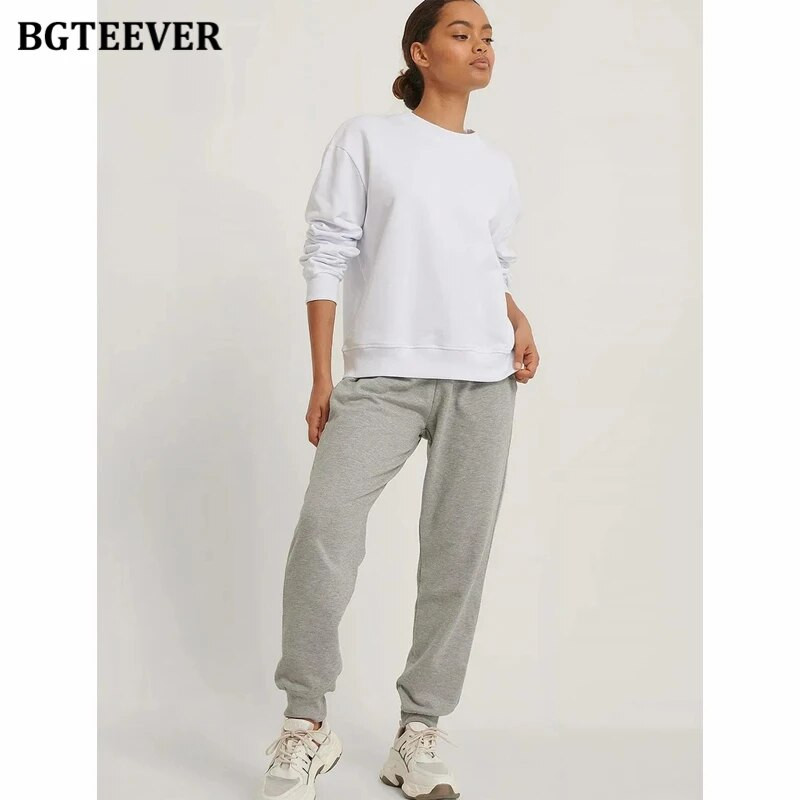 BGTEEVER Ležérne voľné dámske svetre s výstrihom do O-neck, jarné a jesenné, s dlhým rukávom, základné bavlnené mikiny pre ženy