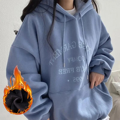 Nová plyšová mikina s kapucňou pre ženy 2023 jeseň a zima pouličné voľné výšivky ležérne mikiny s kapucňou pre ženy