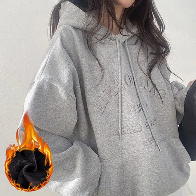 Nová plyšová mikina s kapucňou pre ženy 2023 jeseň a zima pouličné voľné výšivky ležérne mikiny s kapucňou pre ženy