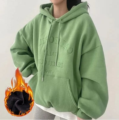 Nová plyšová mikina s kapucňou pre ženy 2023 jeseň a zima pouličné voľné výšivky ležérne mikiny s kapucňou pre ženy