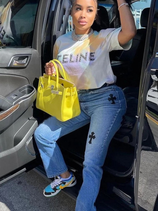 Sifreyr Blugi largi, cu imprimeu în cruce, casual, pentru femei, cu talie joasă, pantaloni drepți vintage din denim, pantaloni gotici Cyber Y2k, blugi pentru mamă la modă