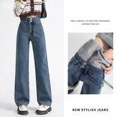 OUSSYU Zimné teplé dámske džínsy, zahusťovacie flísové termálne rovné nohavice s vysokým pásom, voľné módne zamatové dámske retro nohavice