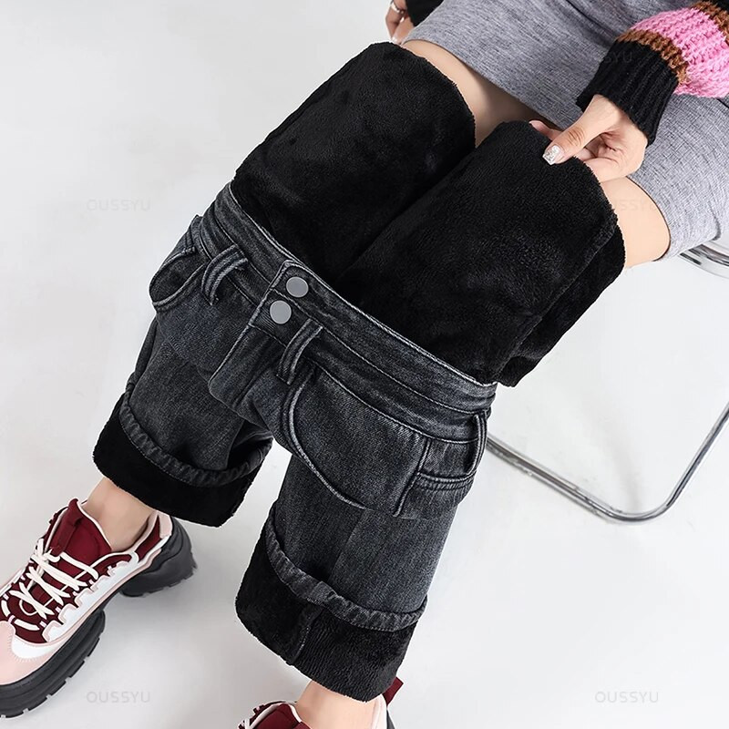 OUSSYU Zimné teplé dámske džínsy, zahusťovacie flísové termálne rovné nohavice s vysokým pásom, voľné módne zamatové dámske retro nohavice
