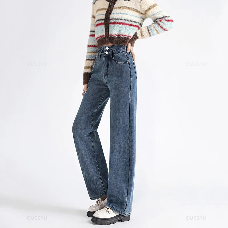 OUSSYU Zimné teplé dámske džínsy, zahusťovacie flísové termálne rovné nohavice s vysokým pásom, voľné módne zamatové dámske retro nohavice