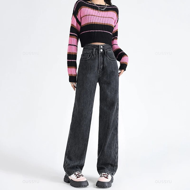 OUSSYU Zimné teplé dámske džínsy, zahusťovacie flísové termálne rovné nohavice s vysokým pásom, voľné módne zamatové dámske retro nohavice