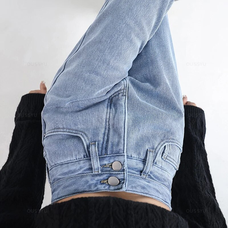 OUSSYU Zimné teplé dámske džínsy, zahusťovacie flísové termálne rovné nohavice s vysokým pásom, voľné módne zamatové dámske retro nohavice