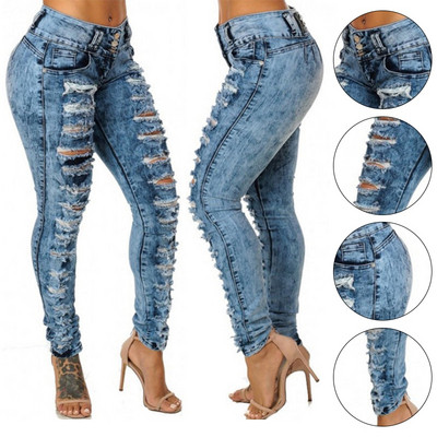 Női szexi magas derekú ceruzafarmer Alkalmi kék szakadt farmer nadrág Lady Long Skinny Slim Jeans vintage streetwear farmer