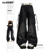 Pantaloni americani vintage cu șireturi cu talie înaltă, ocazional, largi, Y2K, blugi drepti, cu picioare largi, grunge, buzunare stradale, pantaloni din denim