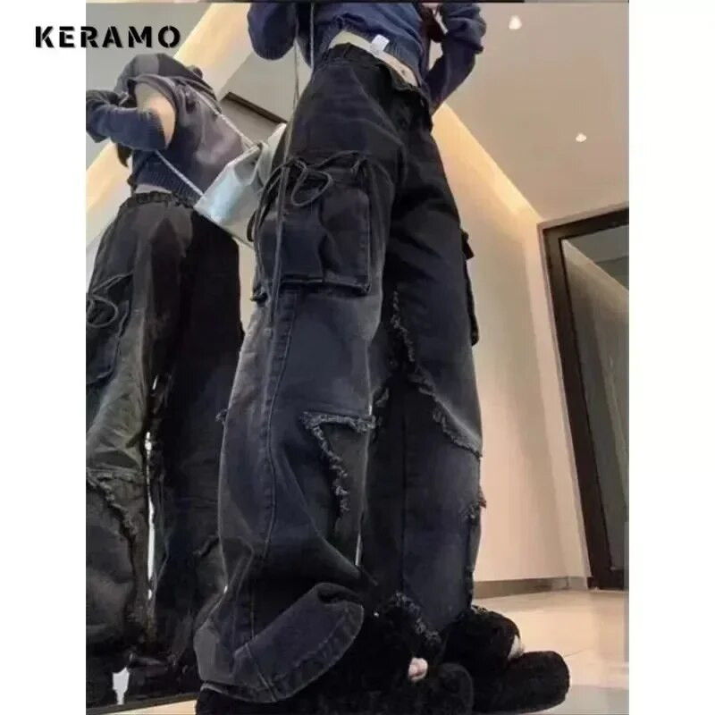 Pantaloni americani vintage cu șireturi cu talie înaltă, ocazional, largi, Y2K, blugi drepti, cu picioare largi, grunge, buzunare stradale, pantaloni din denim