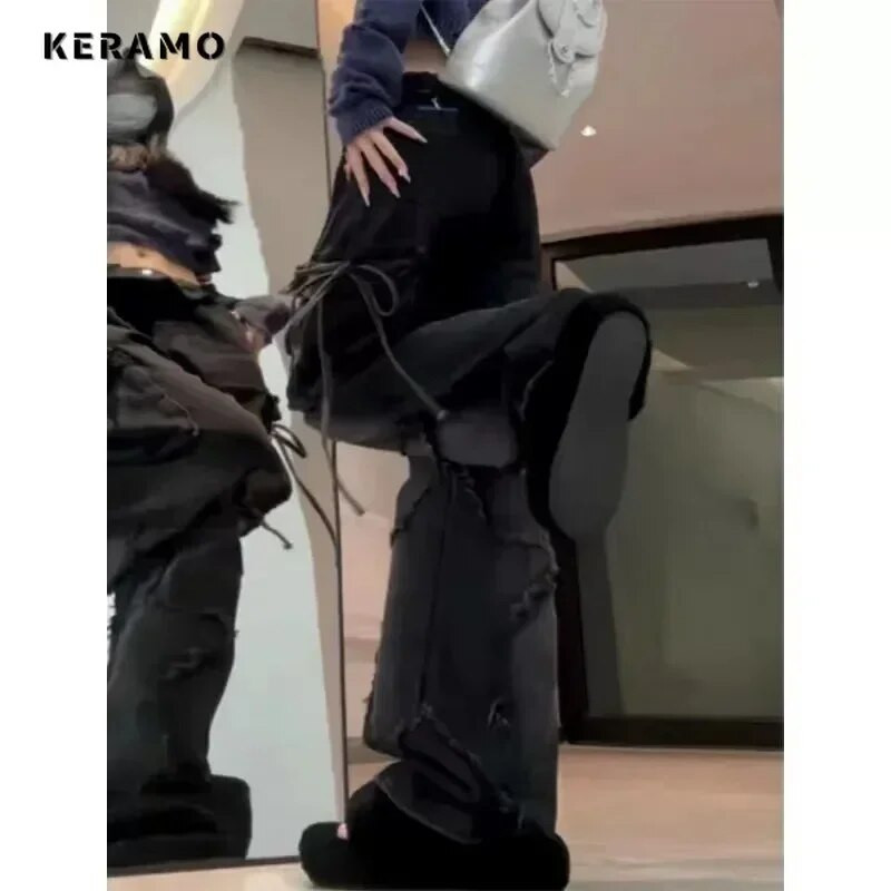 Pantaloni americani vintage cu șireturi cu talie înaltă, ocazional, largi, Y2K, blugi drepti, cu picioare largi, grunge, buzunare stradale, pantaloni din denim