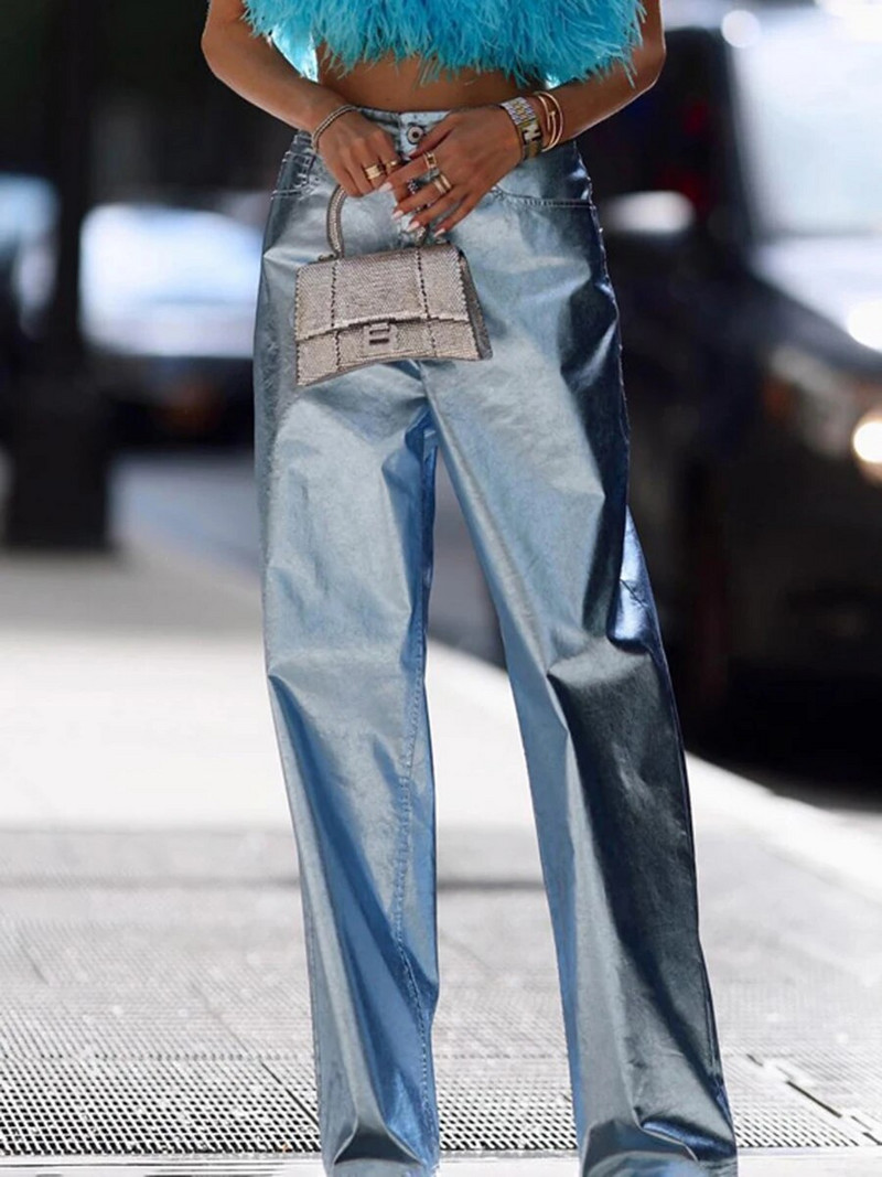 Módne modré PU kožené nohavice s vysokým pásom, dámske ležérne rovné nohavice, streetwear, punk chic, široké nohavice, leto 2023