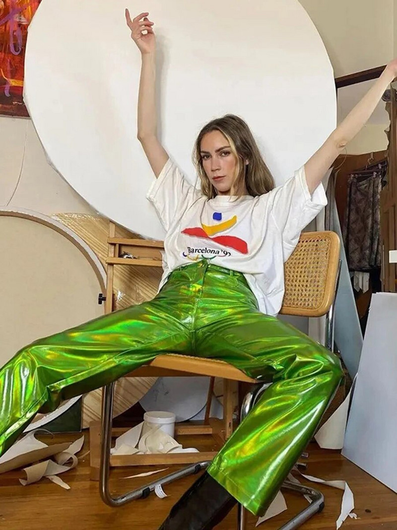 Módne modré PU kožené nohavice s vysokým pásom, dámske ležérne rovné nohavice, streetwear, punk chic, široké nohavice, leto 2023