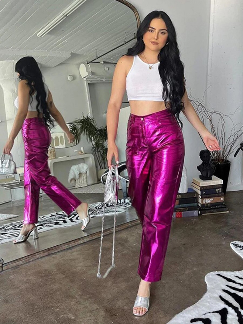 Módne modré PU kožené nohavice s vysokým pásom, dámske ležérne rovné nohavice, streetwear, punk chic, široké nohavice, leto 2023