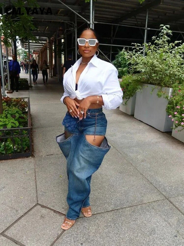 CM.YAYA Pantaloni din denim cu fermoar lateral pentru femei, îmbrăcăminte de stradă, de modă, cu decupaj, 2023, blugi cargo în stil Safari