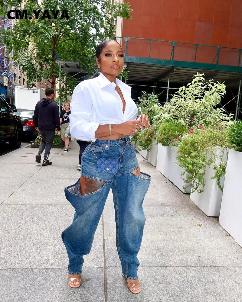 CM.YAYA Pantaloni din denim cu fermoar lateral pentru femei, îmbrăcăminte de stradă, de modă, cu decupaj, 2023, blugi cargo în stil Safari