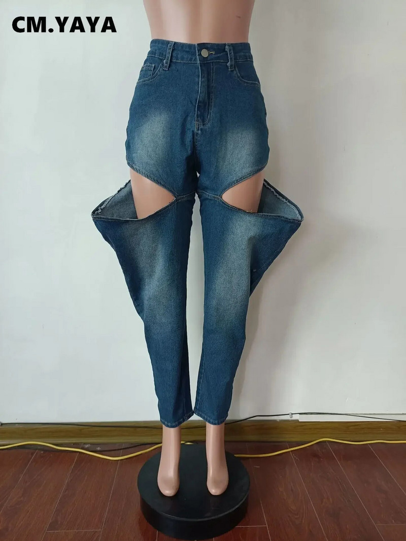 CM.YAYA Pantaloni din denim cu fermoar lateral pentru femei, îmbrăcăminte de stradă, de modă, cu decupaj, 2023, blugi cargo în stil Safari