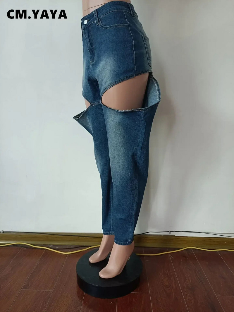 CM.YAYA Pantaloni din denim cu fermoar lateral pentru femei, îmbrăcăminte de stradă, de modă, cu decupaj, 2023, blugi cargo în stil Safari