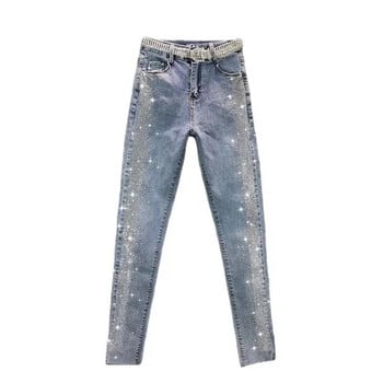 Vintage Blue Slim Diamonds Denim Jeans Нови дамски пролетни есенни улични панталони с висока талия Тесни панталони 5XL голям размер