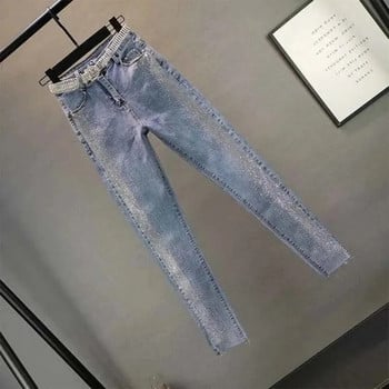 Vintage Blue Slim Diamonds Denim Jeans Нови дамски пролетни есенни улични панталони с висока талия Тесни панталони 5XL голям размер