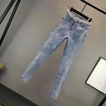 Vintage Blue Slim Diamonds Denim Jeans Нови дамски пролетни есенни улични панталони с висока талия Тесни панталони 5XL голям размер