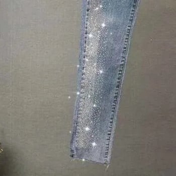 Vintage Blue Slim Diamonds Denim Jeans Нови дамски пролетни есенни улични панталони с висока талия Тесни панталони 5XL голям размер