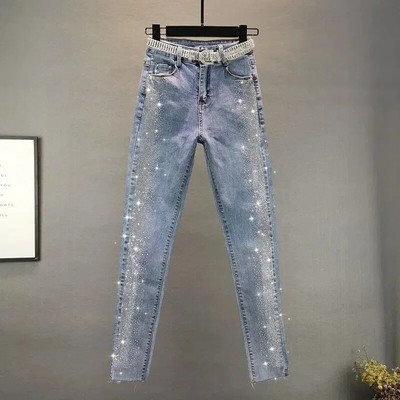 Dámske vintage modré štíhle džínsy s diamantmi, nové jarné a jesenné, streetwear, s vysokým pásom, úzke nohavice, veľkosť 5XL, veľká veľkosť