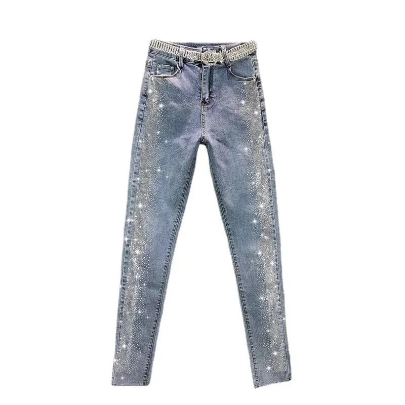 Dámske vintage modré štíhle džínsy s diamantmi, nové jarné a jesenné, streetwear, s vysokým pásom, úzke nohavice, veľkosť 5XL, veľká veľkosť