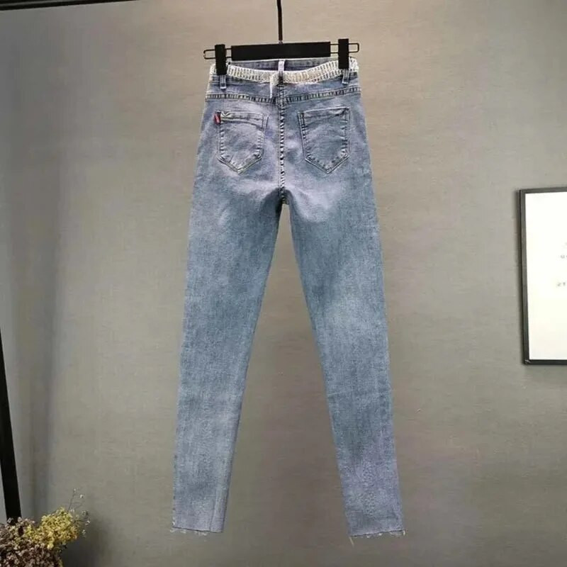 Dámske vintage modré štíhle džínsy s diamantmi, nové jarné a jesenné, streetwear, s vysokým pásom, úzke nohavice, veľkosť 5XL, veľká veľkosť