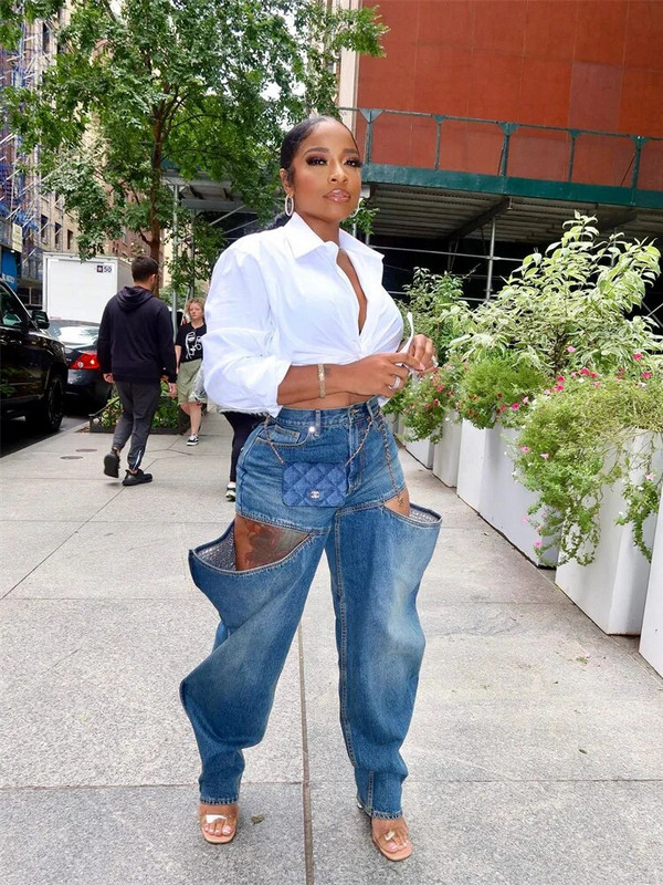 Weird Puss Hollow Elastic Femei Demin Jeans buzunare cu talie înaltă Causal Vintage Bottoms Femei Fashion Y2K Streetwear Îmbrăcăminte