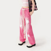 Blugi de damă, albastru, roz, largi, talie înaltă, pantaloni drepți din denim, Harajuku, vintage, pantaloni de blugi cu stea largi Y2k