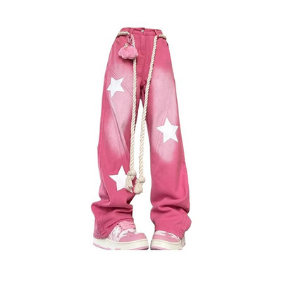 Blugi de damă, albastru, roz, largi, talie înaltă, pantaloni drepți din denim, Harajuku, vintage, pantaloni de blugi cu stea largi Y2k