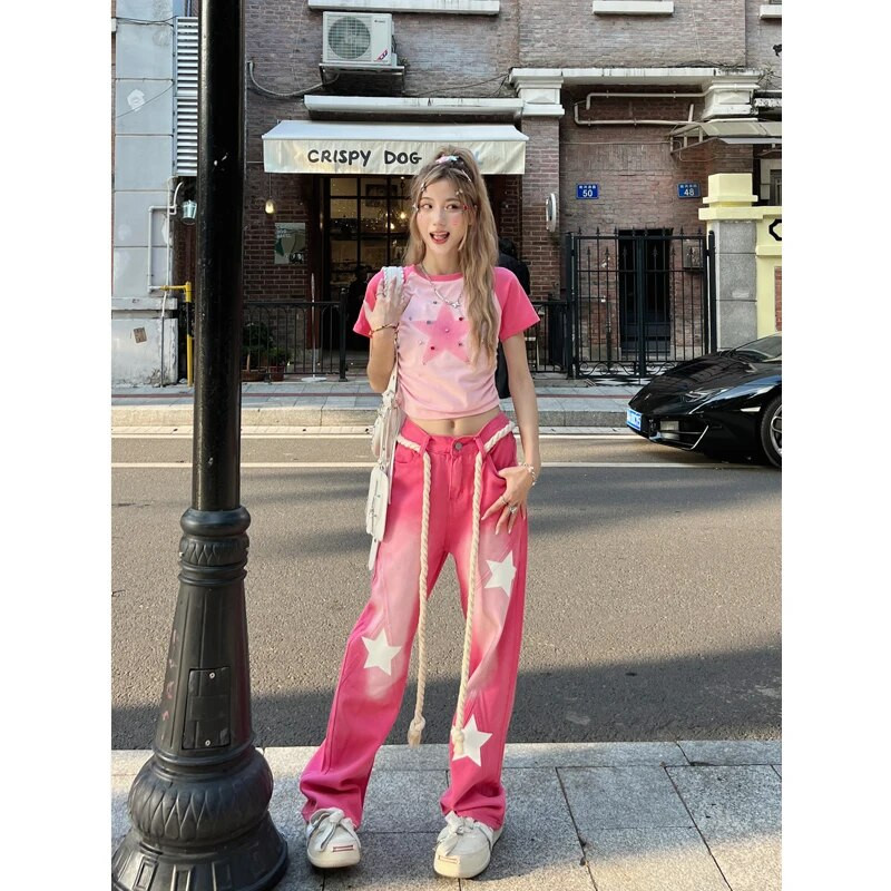 Blugi de damă, albastru, roz, largi, talie înaltă, pantaloni drepți din denim, Harajuku, vintage, pantaloni de blugi cu stea largi Y2k