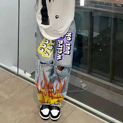 American Street Personality Pattern Smiley Face Print Graffiti Törött gördeszka egyenes farmer női