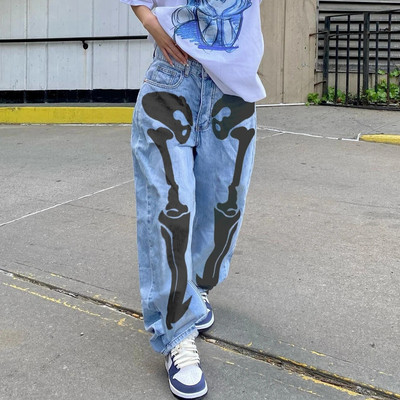 American Street Personality Pattern Smiley Face Print Graffiti Törött gördeszka egyenes farmer női