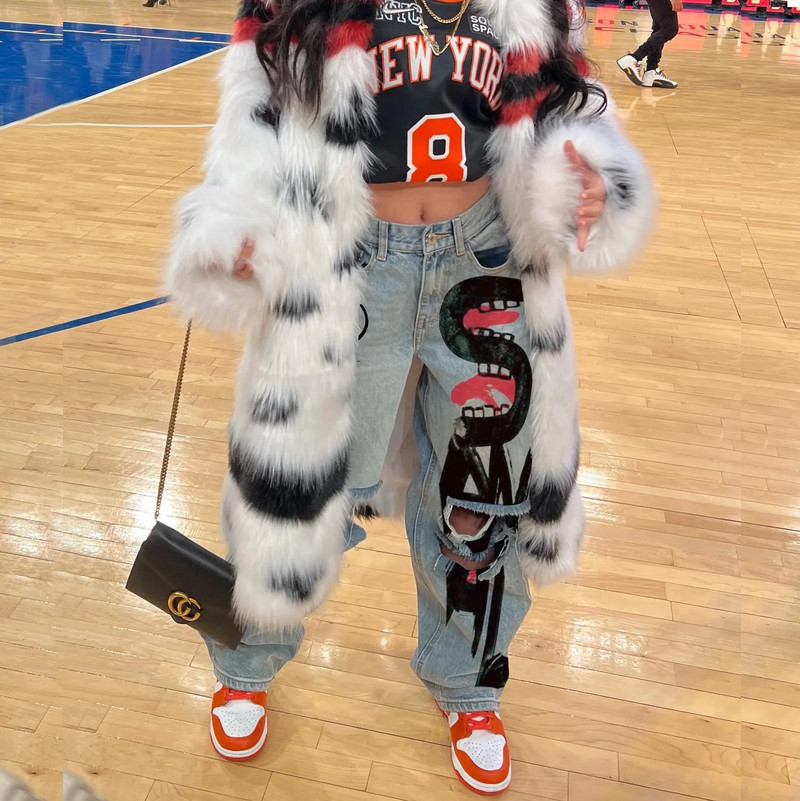 American Street Personality Pattern Smiley Face Print Graffiti Törött gördeszka egyenes farmer női