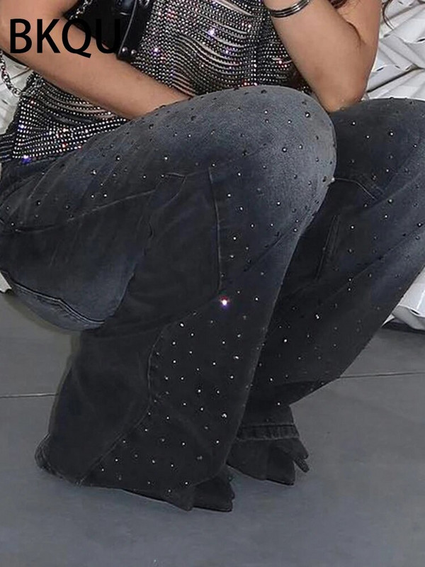 BKQU Blugi de damă cu talie joasă și picioare late 2024, americani, negri, cu strasuri, pantaloni lungi din denim, pantaloni supradimensionați pentru femei, stil BF