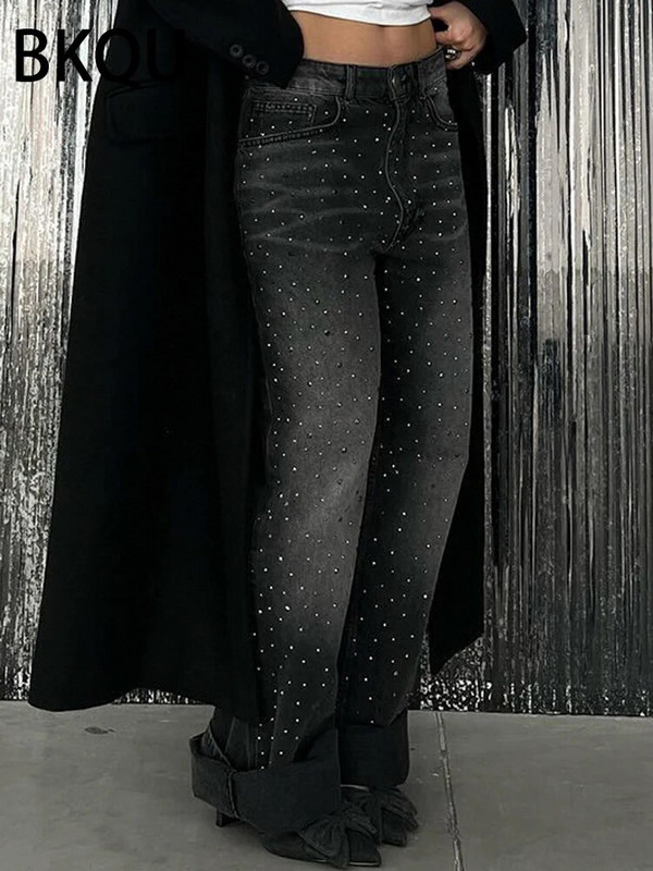 BKQU Blugi de damă cu talie joasă și picioare late 2024, americani, negri, cu strasuri, pantaloni lungi din denim, pantaloni supradimensionați pentru femei, stil BF