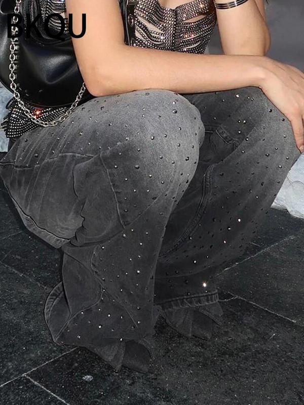 BKQU Blugi de damă cu talie joasă și picioare late 2024, americani, negri, cu strasuri, pantaloni lungi din denim, pantaloni supradimensionați pentru femei, stil BF