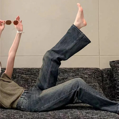 Blugi învechiți Femei Vintage stil american Denim Lungime întreagă șic All-match High Street Pantaloni drepti simpli largi De bază