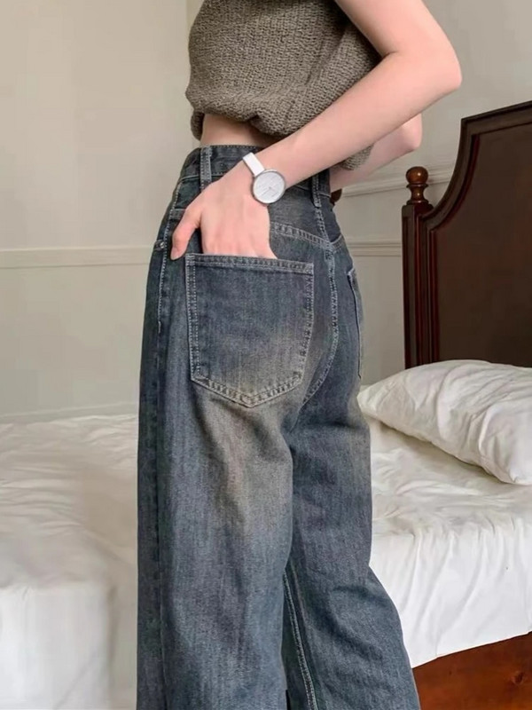 Blugi învechiți Femei Vintage stil american Denim Lungime întreagă șic All-match High Street Pantaloni drepti simpli largi De bază