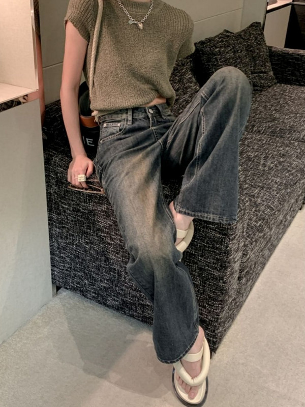 Blugi învechiți Femei Vintage stil american Denim Lungime întreagă șic All-match High Street Pantaloni drepti simpli largi De bază