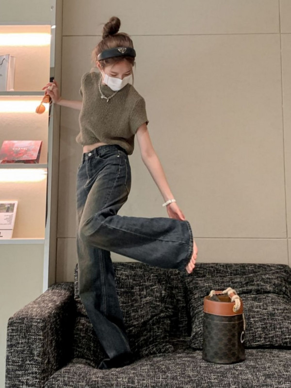 Blugi învechiți Femei Vintage stil american Denim Lungime întreagă șic All-match High Street Pantaloni drepti simpli largi De bază