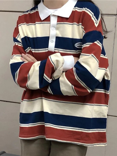 Retro Striped Hit Spalvotas megztinis Polo Apykaklės megztinis Moteriškas Oversized Megztinis Harajuku Style Moterų Vintage Preppy Top