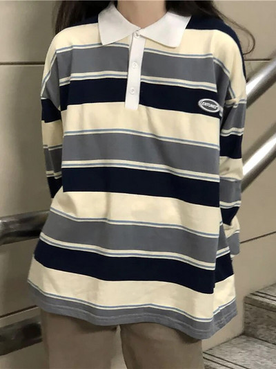 Retro Striped Hit Spalvotas megztinis Polo Apykaklės megztinis Moteriškas Oversized Megztinis Harajuku Style Moterų Vintage Preppy Top