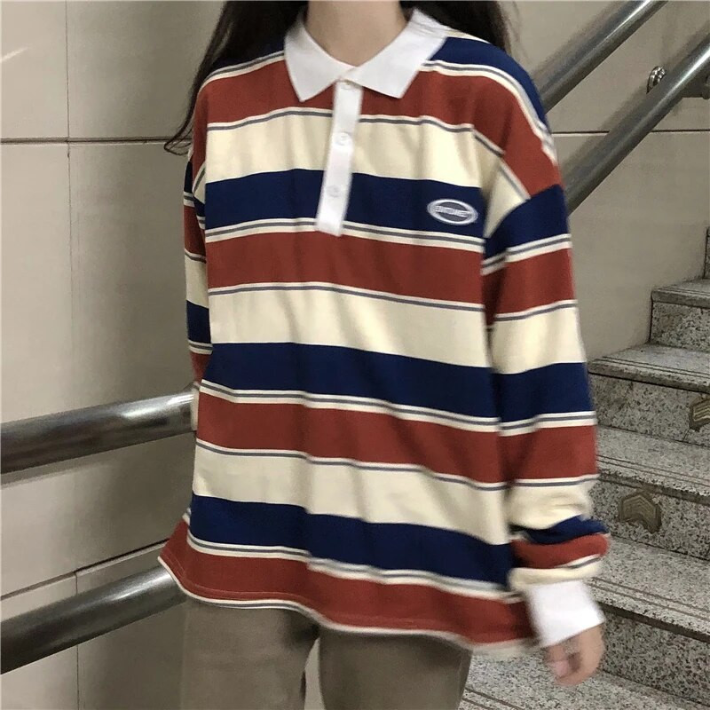 Retro Striped Hit Spalvotas megztinis Polo Apykaklės megztinis Moteriškas Oversized Megztinis Harajuku Style Moterų Vintage Preppy Top