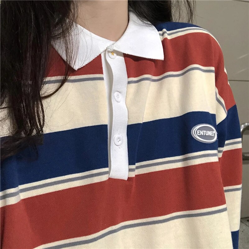 Retro Striped Hit Spalvotas megztinis Polo Apykaklės megztinis Moteriškas Oversized Megztinis Harajuku Style Moterų Vintage Preppy Top