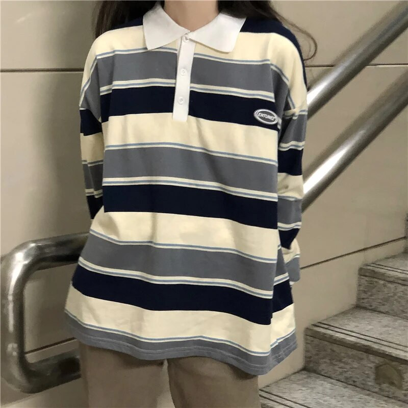 Retro Striped Hit Spalvotas megztinis Polo Apykaklės megztinis Moteriškas Oversized Megztinis Harajuku Style Moterų Vintage Preppy Top